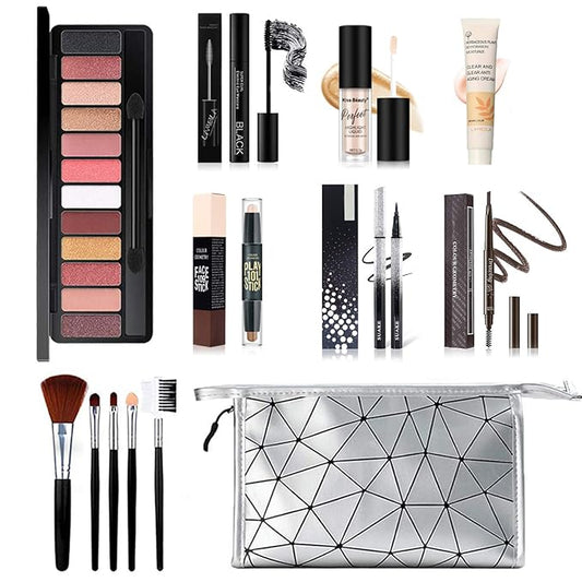 All in One Makeup Kit for Women Full Kit, includes 12 Colors Eyeshadow, 5PCS Brush Set, Eyebrow Pencil, Eyeliner & Mascara, Contour Stick, Primer & Liquid Highlighter With Cosmetic Bag Makeup Set-VivaGrace Women