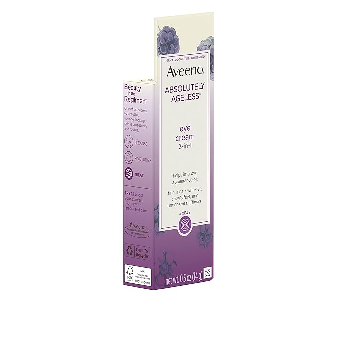 Aveeno Absolutely Ageless 3-in-1 Anti-Wrinkle Eye Cream for Fine Lines & Wrinkles, Crows Feet, & Under-Eye Puffiness, Antioxidant Blackberry Complex, Hypoallergenic, Non-Greasy, 0.5 oz-VivaGrace Women