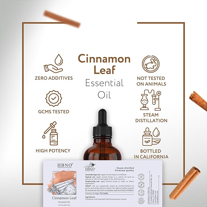 HBNO California Bottled Cinnamon Essential Oil (Leaf) 4 fl oz (120ml) - Natural Cinnamon Essential Oil for Diffuser - Perfect for Cleaning, Aromatherapy, DIY, Soap & Diffuser -VivaGrace Women
