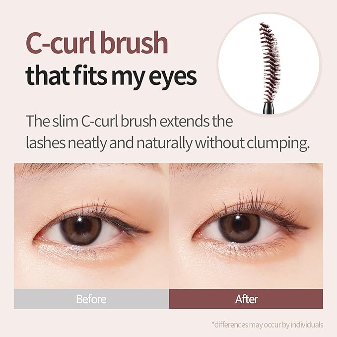 COSNORI Perfect Setting Waterproof Mascara Long&Curl 03 Rosy Brown – Long Lasting Smudge - Red Brown Mascara - Perfect for Auburn Hair & Hazel Eyes - K beauty - 0.23fl oz (7ml)