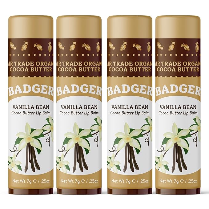Badger Vanilla Bean Cocoa Butter Lip Balm, Long Lasting Hydrating Lip Care, 100% Organic Lip Balm, Large Size Stick, 4-pack-VivaGrace Women