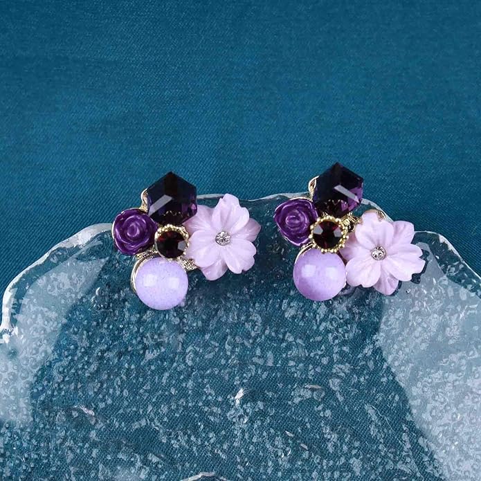Boho Amethyst Flower Drop Earrings Vintage Purple Rhinestones Flora Petal Earrings Statement Purple Rose Studs Wedding Prom Geometric Crystal Flower Earrings Jewelry for Women-VivaGrace Women