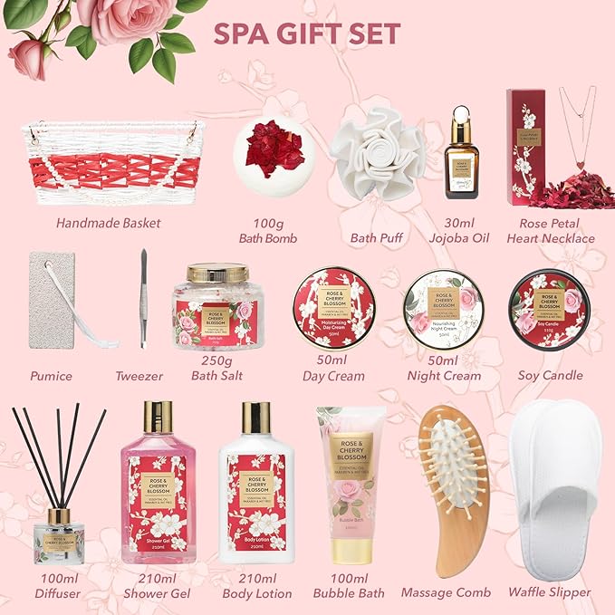 Mothers Day Gifts for Mom Rose & Cherry Blossom Spa Gift Set for Women - 19-Piece Luxury Bath & Body Care Kit with Necklace, DIY Chain, Shower Gel | Valentine's Day, Christmas Gifts for Her, Wife-VivaGrace Women