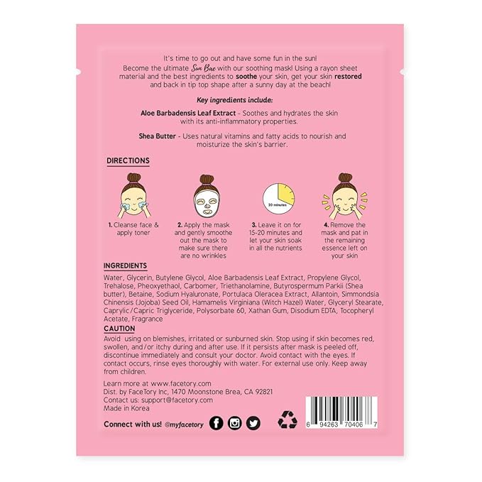FACETORY K Beauty Face Mask Skin Care - SUN BAE SOOTHING Sheet Mask with Aloe & Shea Butter | After Sun Care, Soothe & Restore (10 Pack)-VivaGrace Women