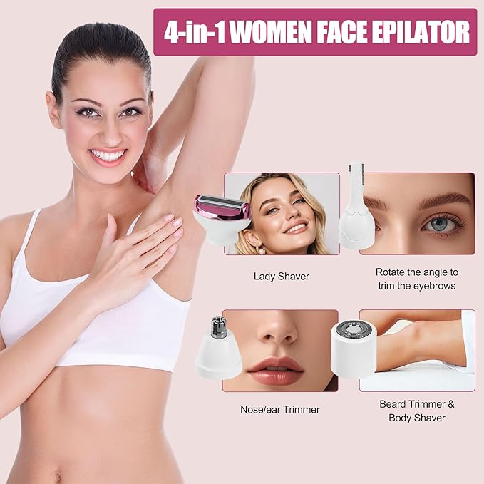 Women Face Epilator, 4-in-1 Body Shaver and Facial Epilator, Hair Removal for Faces, Rechargeable Electric Facial Hair Removal Devices for Face, Armpits, Eyebrows, Nose-VivaGrace Women
