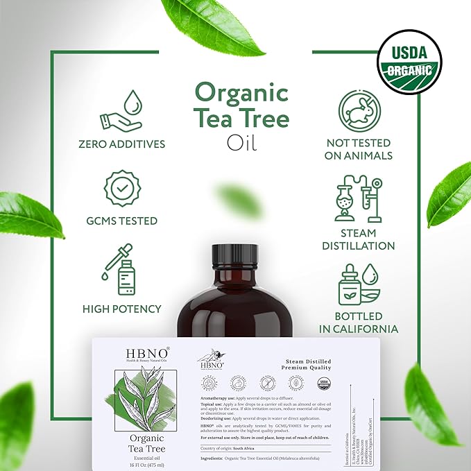 HBNO Organic Tea Tree Oil - Huge 16 oz (475ml) Large Size - Ideal for Diffusers, Cleaning Agents, Deodorizers, and Flavoring Agents.-VivaGrace Women