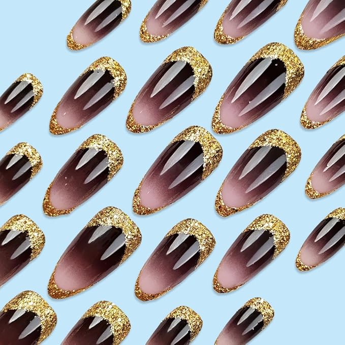 Gold French Tip Press on Nails Medium Almond Fake Nails with Gold Glitter Designs Ombre Brown False Nails Ballerina Stick on Nails Glossy Reusable Summer Acrylic Nails for Women Girls Manicure 24Pcs