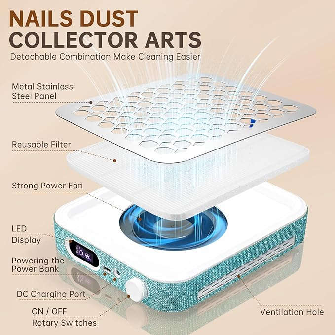 Nail Dust Collector, Rechargeable Dust Collector Nail Tech, Powerful Vacuum Fan Vent Dust Collector Extractor Dust Suction Machine for Acrylic Nails Polishing, Nail Salon&Home, Blue-VivaGrace Women