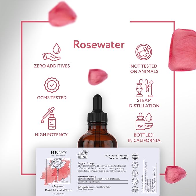 HBNO California Bottled Organic Rose Water for Face 4 fl oz (120ml) - USDA Certified Organic Rose Water Spray for Cleansing- Pure Rosewater for Hair - Rosewater Face Mist-VivaGrace Women