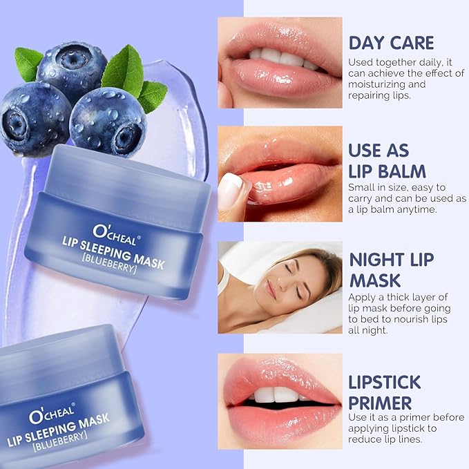 Moisture Collagen Booster Lip Sleeping Mask Sheet, Nourishing, Plumping and Hydrating Lip Balm, Blueberry Lip Mask, Day and Night Repair Lip Balm for Improves Dryness and Cracked (Blueberry)-VivaGrace Women