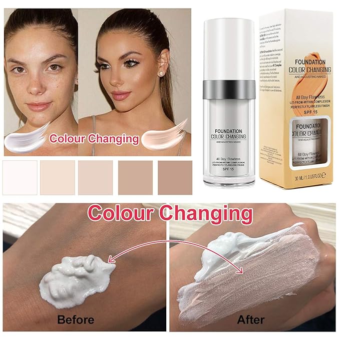 30ML Flawless Colour Changing Warm Skin Tone Foundation,Naturally Blends Moisturizing foundation makeup,Long Lasting Waterproof Poreless Liquid Foundation SPF 15 for Face Makeup-VivaGrace Women