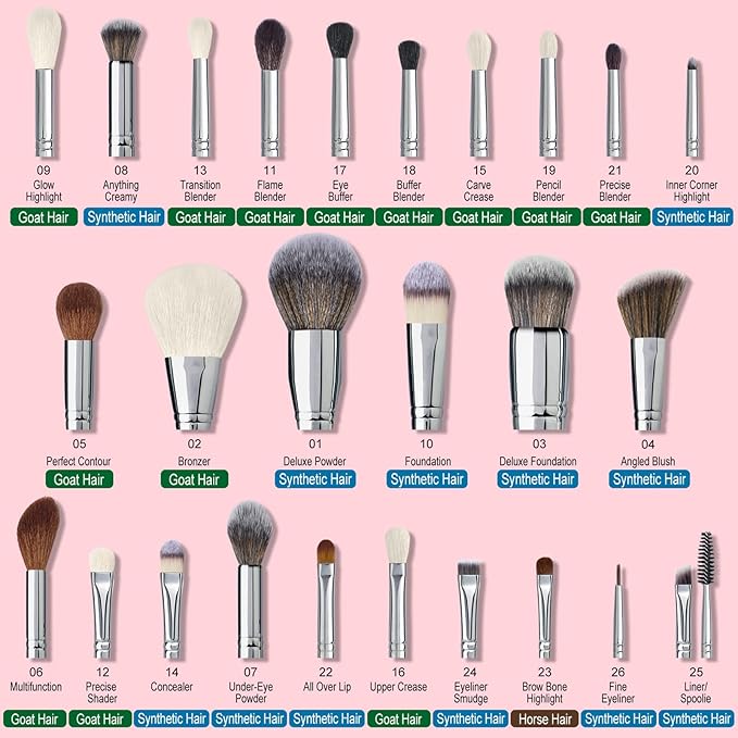 Bueart Design Makeup Brushes Set 26pcs Real Natural Goat Hair Professional labeled Foundation Face Blending Blush Concealers Eyeshadow Brush Set(26Pcs Pearl Pink)-VivaGrace Women