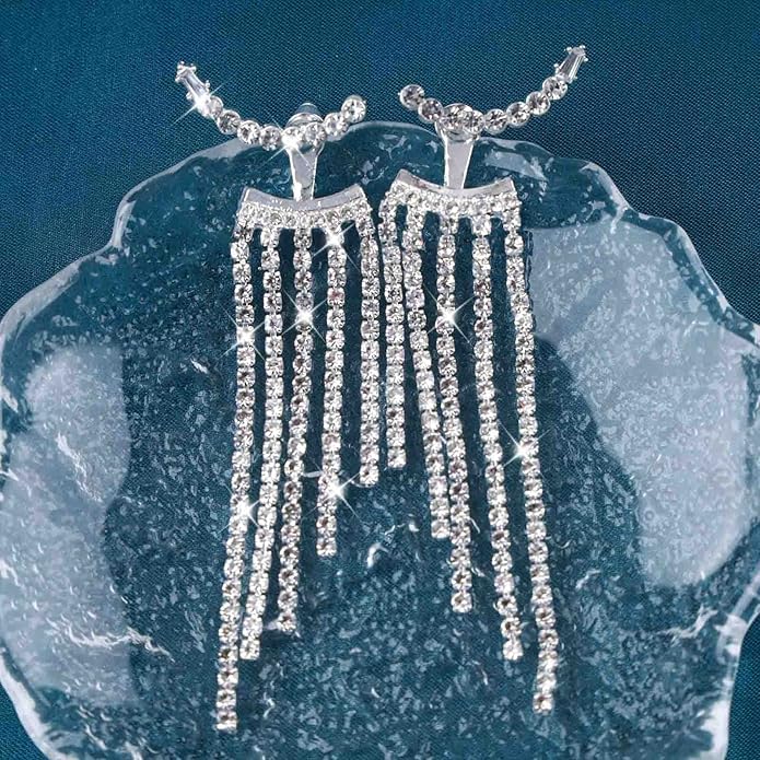 Vintage Rhinestone Chandelier Drop Earrings Crystal Ear Climber Earrings Long Tennis Chain Earrings Silver Cz Tennis Chain Tassel Earrings Jewelry for Women-VivaGrace Women