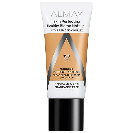 Almay Skin Perfecting Healthy Biome Foundation Makeup with Prebiotic Complex SPF 25, Hypoallergenic, -Fragrance Free, 150 Tan, 1 fl. oz.-VivaGrace Women