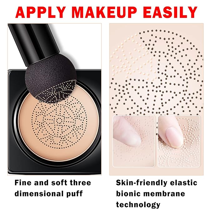 Mushroom Head Air Cushion CC Cream BB Cream Foundation Face Makeup,Full Coverage Foundation Moisturizing Concealer Makeup Base,Long Lasting Cushion Foundation with Mushroom Makeup Sponge (Natural)-VivaGrace Women