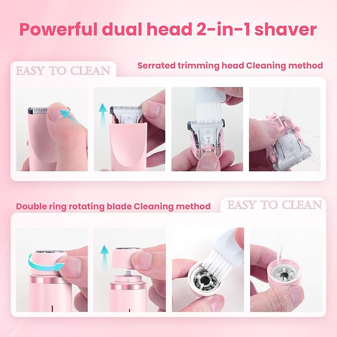 Bikini Trimmer for Women-2 in 1 Dual Head Electric Razors,USB Rechargeable Bikini Electric Shaver,IPX7 Waterproof Dry & Wet Use Body Hair Trimmer and Facial Hair Remover for Underarm Leg Body,Pink-VivaGrace Women