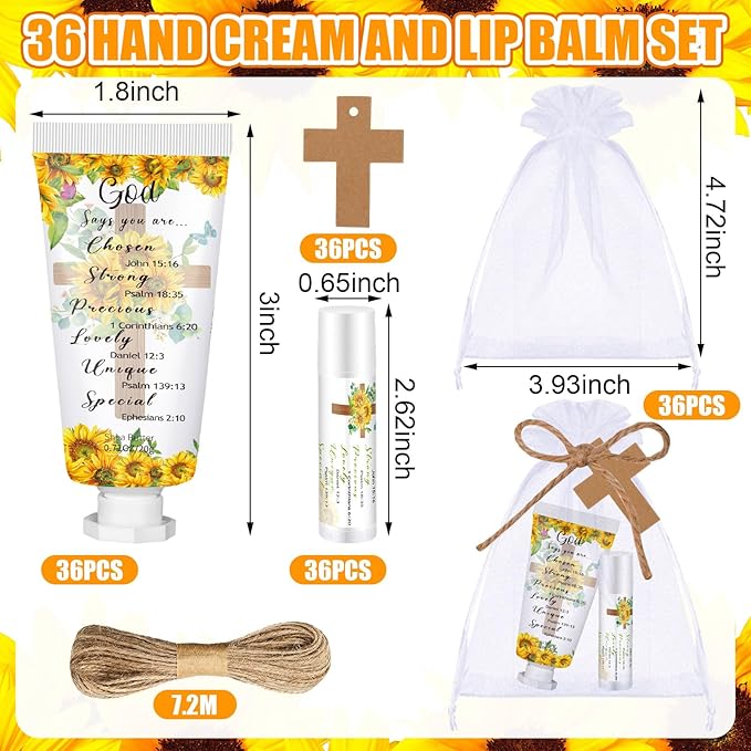 144 Pcs Christian Lip Balm Hand Cream Set Party Favors, Include 36 Bible Lip Balm 36 Moisturizing Hand Cream 36 Bags 36 Cards and Ropes for Accessories Gifts (Biblical, Sunflower)-VivaGrace Women