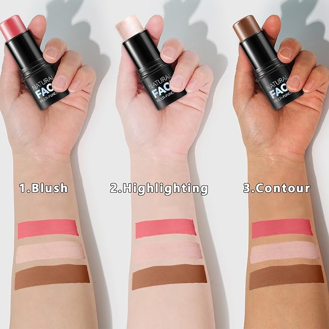 3Pcs Cream Contour Stick Makeup Kit, Shades with Highlighter Stick, Blush Stick and Bronzer Contour Stick for Sculpt the Cheeks, Long Lasting, Waterproof, Matte & Dewy Finish (LIGHT MEDIUM)-VivaGrace Women