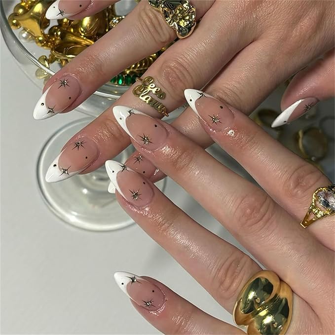 Almond Press on Nails Medium French Tip Fake Nails with Star Designs Acrylic False Nails Glossy Glue on Nails Cute Stick on Nails for Women and Girls