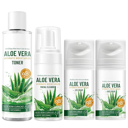 Aloe Vera Skin Care Sets & Kits, 4Pcs Moisturizing Face Care Set, Improve Rough Skin, Firming Skin and Reduce Fine Lines, Skincare Routine Set with Face Cream, Cleanser, Toner, Eye Cream-VivaGrace Women