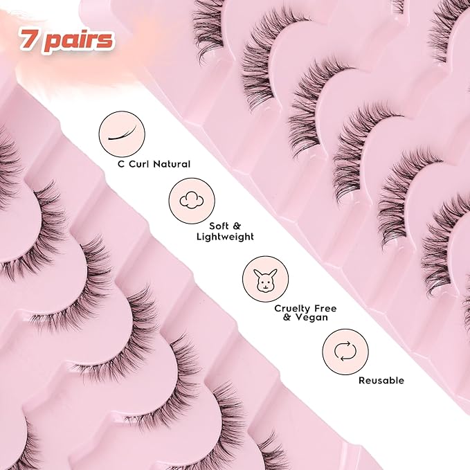 Cat Eyelashes Wispy False Eyelashes Natural 12mm Short Lashes with Thin Band Fake Eyelash 3D Volume Strip Lashes Siligli Eyelash Pack 7 Pair-VivaGrace Women