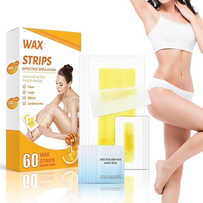 Wax Strips for Hair Removal, Waxing Kit For Women, 60 Pcs - 40 Body Wax Strips, 20 Pcs for Face, 6 Cleansing Oil Towelettes Suitable for Face/Legs/Underarms/Bikini-VivaGrace Women