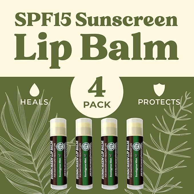 SPF Lip Balm 4-Pack by Earth's Daughter - Lip Sunscreen, SPF 15, Organic Ingredients, Eucalyptus Mint Flavor, Beeswax, Coconut Oil, Vitamin E - Hypoallergenic, Paraben Free, Gluten Free-VivaGrace Women