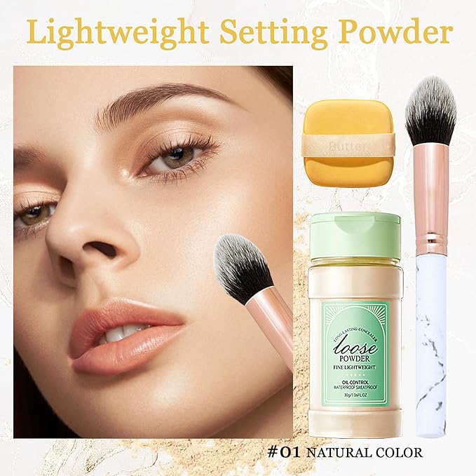 Lightweight Setting Powder,Waterproof Oil Control Translucent Face Powder,Smooth Long Lasting Matte Finish Loose Powder with Face Makeup Brush & Powder Puff（Natural Color）-VivaGrace Women