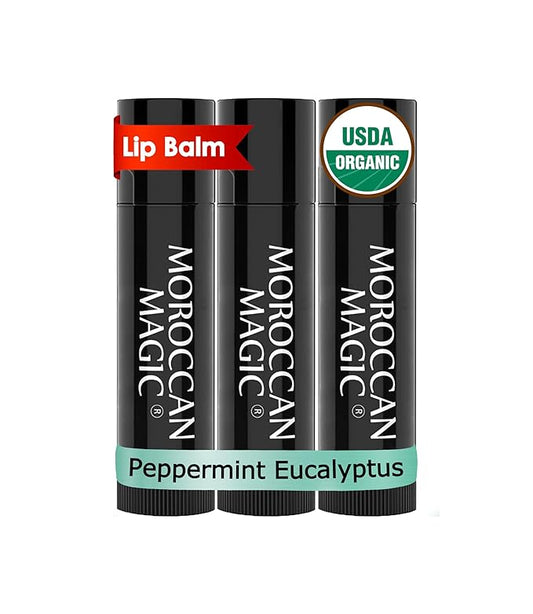 Moroccan Magic Organic Peppermint Eucalyptus Lip Balm 3 Pack | Ultra-Hydrating Argan & Essential Oil Lip Moisturizer + Vitamin E | Natural Mint Chapstick for Dry Lips | Non-Toxic | Organic Lip Balm-VivaGrace Women
