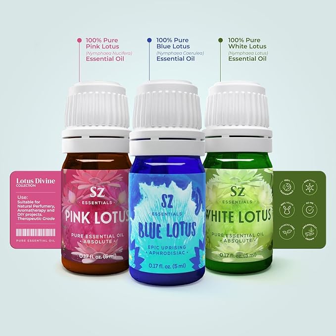 Divine Essential Oils Collection - Blue, Pink, White Lotus - Set of 3 Bottles (0.17 Fl Oz - 5ml Each) - 100% Pure, Natural & Undiluted - Therapeutic Grade & Vegan-VivaGrace Women