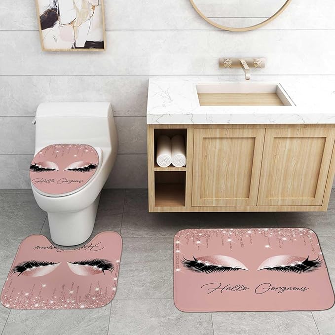 4PCS Hello Gorgeous Eyelash Shower Curtain Set, Gold Glitter Quotes Black Eyebrow Makeup Pink Marble Glam Modern Fashion Girly Women Bathroom Decor, Non-slip Bath Mat Toilet Rug, Charming Eyes-VivaGrace Women