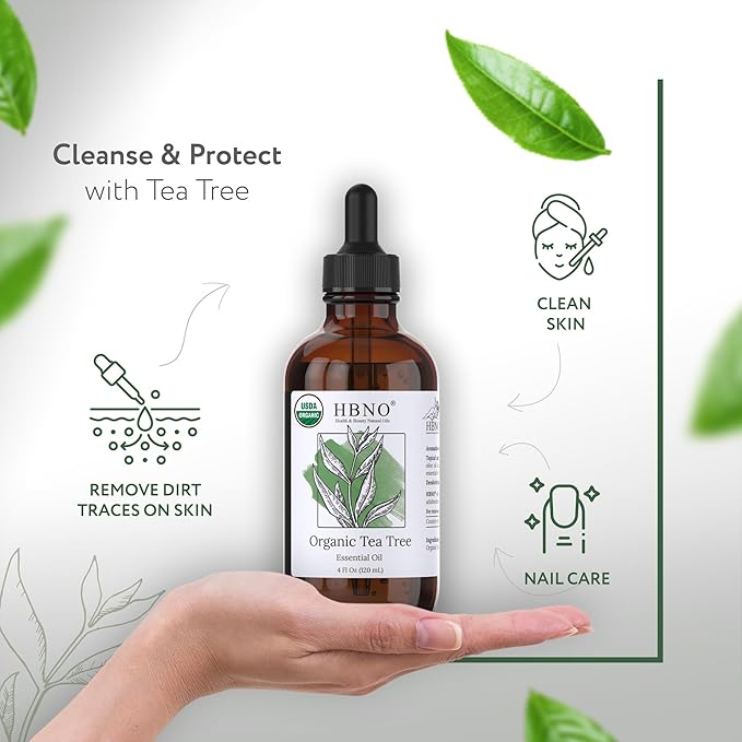 HBNO California Bottled Organic Tea Tree Oil for Skin & Hair - 4 fl oz (120ml) - USDA Certified Organic Tea Tree Oil for Aromatherapy-VivaGrace Women