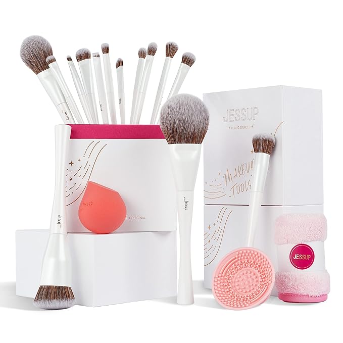Jessup Makeup Brushes Set 14pcs Highend Makeup Gift Set for Women Include Foundation Concealer Blush Contour Powder Eye Shadow Brush, Makeup Sponge, Makeup Brush Cleaner and Towel, Pearl White T333-VivaGrace Women