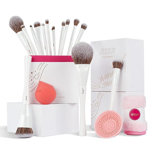 Jessup Makeup Brushes Set 14pcs Highend Makeup Gift Set for Women Include Foundation Concealer Blush Contour Powder Eye Shadow Brush, Makeup Sponge, Makeup Brush Cleaner and Towel, Pearl White T333-VivaGrace Women