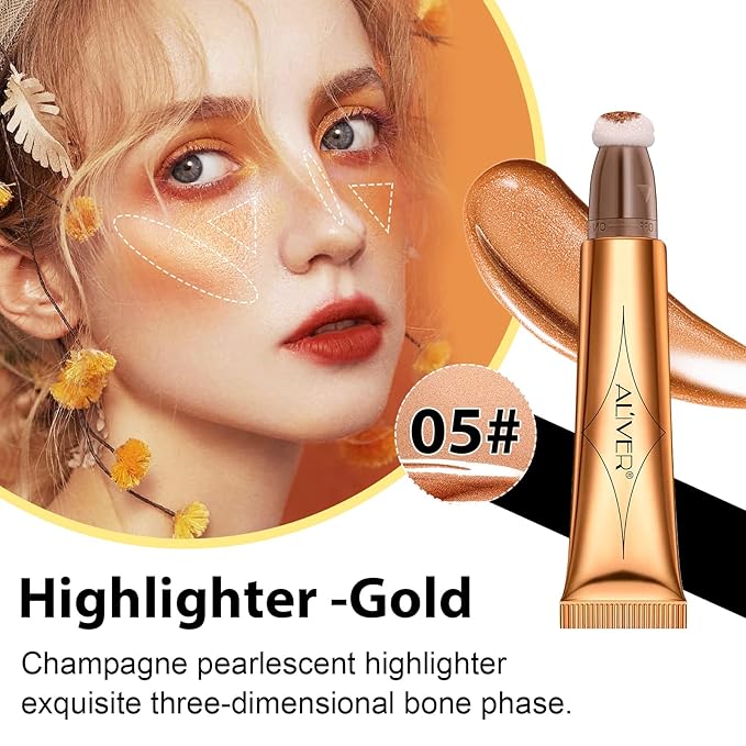 Liquid Highlighter Beauty Wand, Highlight Bronzer Stick with Cushion Applicator, Smooth Shimmer Finish, Lightweight Silky Cream Face Makeup Stick,Cruelty-free (Gold)-VivaGrace Women