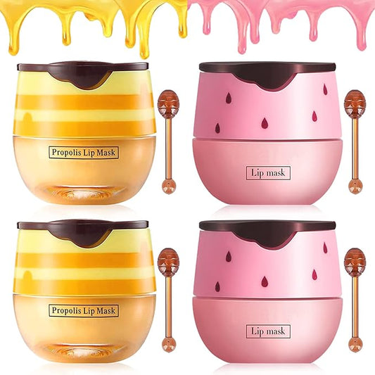4PCS Bee Lip Balm Lip Mask Honey Pot,Honey & Strawberry Lip Mask Propolis Moisturizing Lip Balm with Stick - Hydrating Prevention Dry & Cracked Lip Scrubs Exfoliato Lip Wrinkle Care(Honey&Strawberry)-VivaGrace Women
