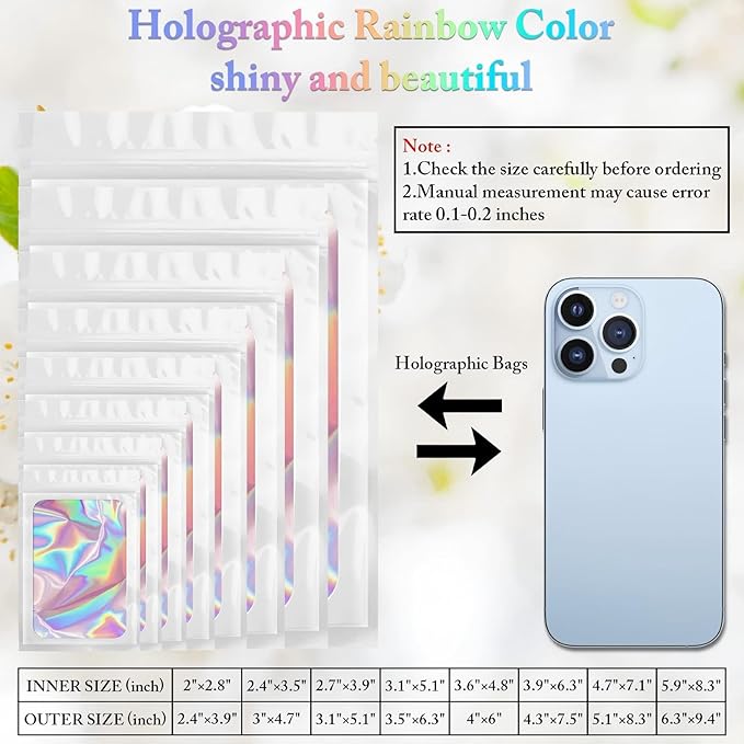 100 Pack Holographic Bags, Smell Proof Packaging Bags, Clear Window Resealable Odor Foil Pouch Mylar Bag for Food Storage and Lipgloss, Jewelry Lash (White, 3 x 4.7 Inch)-VivaGrace Women