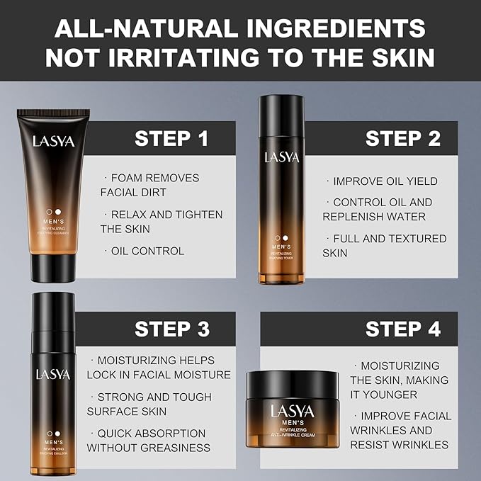 Anti Aging Skin Care Set for Men,Reduce Wrinkles & Hydrate Mens Skin Care Kit Cleanser,Toner,Lotion,Face Cream,Complete Skincare Process for Men Unique Skin Care Sets & Kits(4-Pcs)-VivaGrace Women