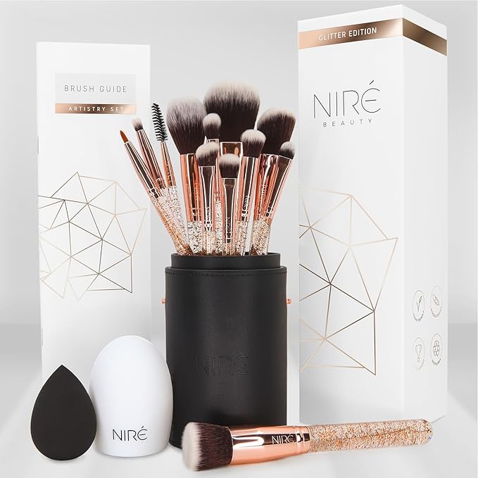 Niré Beauty 15piece Award Winning Glitter Makeup Brushes: Cute Makeup Brushes Set with Case, Beauty Blender, Cleaner, Guide, Gift Box-VivaGrace Women