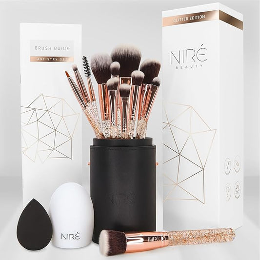 Niré Beauty 15piece Award Winning Glitter Makeup Brushes: Cute Makeup Brushes Set with Case, Beauty Blender, Cleaner, Guide, Gift Box-VivaGrace Women