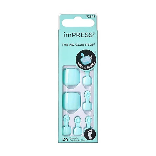 KISS imPRESS No Glue Pedi Press-On Nails, Toenails, 'Fruitful', Light Blue, Short Size, Squoval Shape, Includes 24 Nails, Prep Pad, Instructions Sheet, 1 Manicure Stick, 1 Mini File