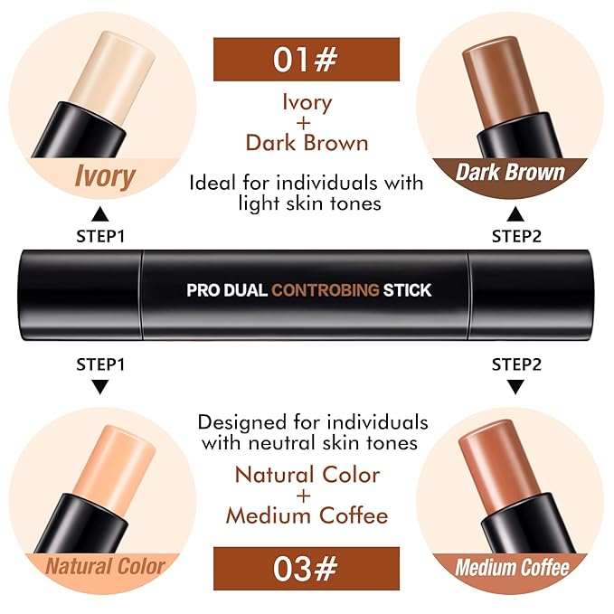 4 Colors Cream Contour, Stick Palette, Contouring Concealer, Stick Primer, Face Makeup Kit for Beginners, Cream Concealer and Highlight Stick(#1+3)-VivaGrace Women