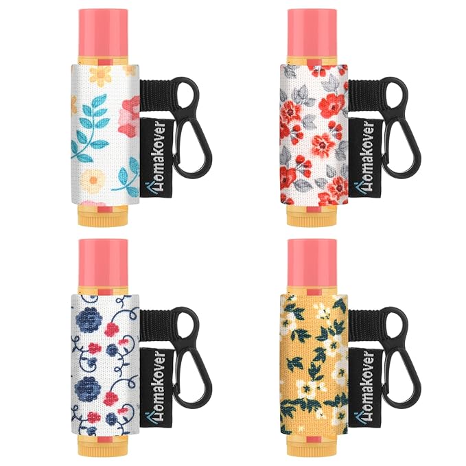 4 Pack Compact Clip-On Chapstick Holder Lip Balm Holder Keychain, Premium Release Clip Elastic Sleeves Lip Gross Holder Keychain Clip On Lipstick Sleeve, Fits Most Standard Lip Balm-VivaGrace Women
