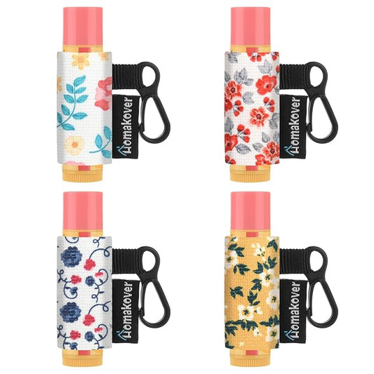 4 Pack Compact Clip-On Chapstick Holder Lip Balm Holder Keychain, Premium Release Clip Elastic Sleeves Lip Gross Holder Keychain Clip On Lipstick Sleeve, Fits Most Standard Lip Balm-VivaGrace Women