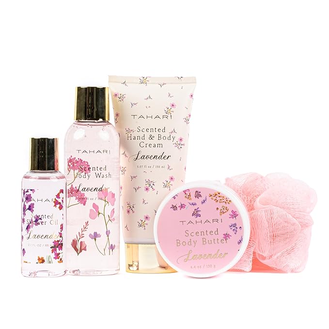 Tahari Spa Gift Set for Women, Lavender Spa Set, Bath Kit for Women Gift Set Includes Scented Body Wash, Body Lotion, Body Butter & Pouf, Lotion Gift Set for Women, Birthday Gifts For Women - (Floral)-VivaGrace Women