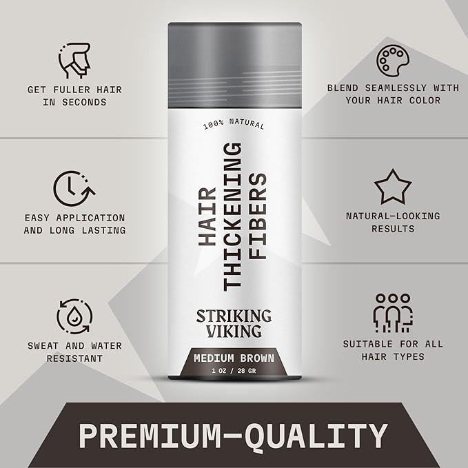 Striking Viking Hair Fibers for Thinning Hair (Medium Brown) 28g - Naturally Derived - Long Lasting Powder, Undetectable, Thicker Look for Men & Women-VivaGrace Women