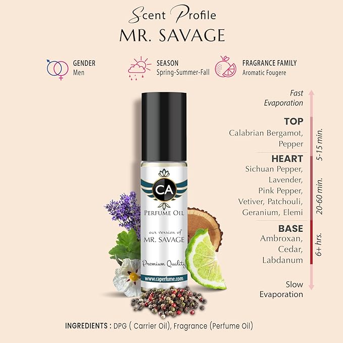 CA Perfume Impression of Mr. Savage For Men Replica Fragrance Body Oil Dupes Alcohol-Free Roll-On 0.3 Fl Oz/10ml-VivaGrace Women