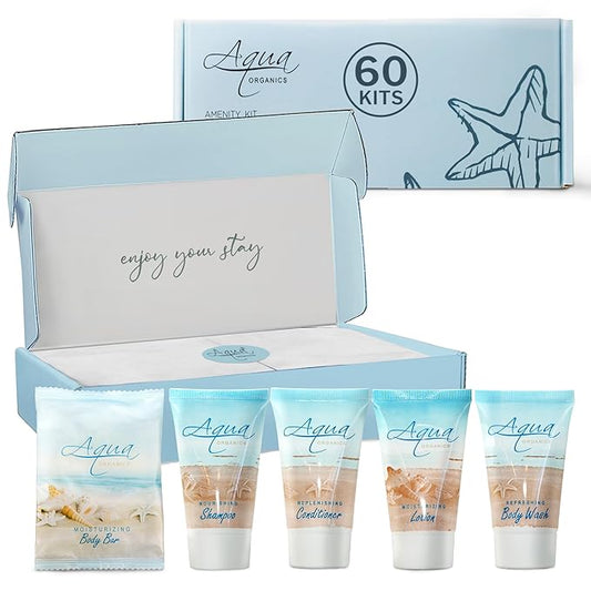 Aqua Organics Amenity Kit|Boxed Hotel Toiletries|Bulk Set 1 oz Travel Size Shampoo, Conditioner, Lotion, Body Wash & Bar Soap for Guest Hospitality AirBnB/Vacation Rentals|300 Pieces-VivaGrace Women