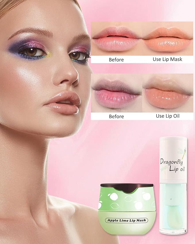 2Pcs Apple Lime Lip Bee Balm Honey Pot Lip Mask & Lip Glowy Oil Lip Gloss Care Set, Propolis Moisturizing & Nourish Lip Gloss Repair, Plump Dry Cracked Lip Scrub Exfoliator bálsamo para labios -Set D-VivaGrace Women