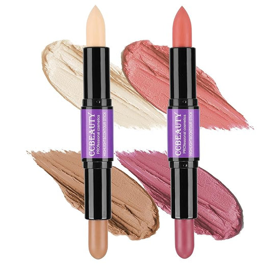 CCbeauty 2pcs 2-IN-1 Matte Contour Highlighter Stick with Blush,Cream Dual-End Highlight Bronzer Concealer & Blusher for Cheeks & Lip, Long Lasting Contouring for Face Shaping Makeup, Light-Medium-VivaGrace Women